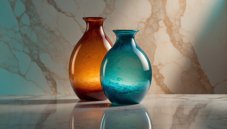 Colorful ceramic vase on grey background, close-up.の素材