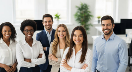 Portrait of smiling multiethnic business team standing with crossed arms in modern officeの素材