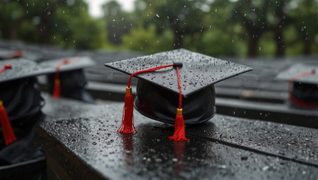 Graduation cap with red tassel on the rain background.の素材