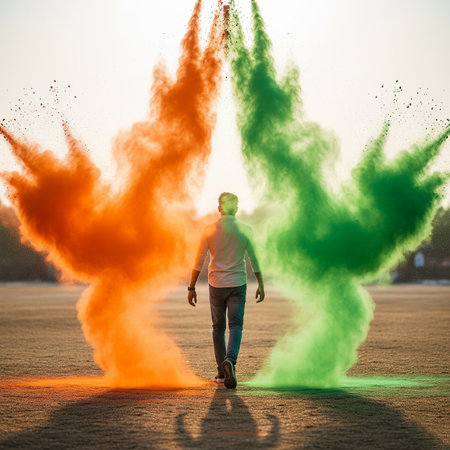 Young man throwing colored powder in the air on a soccer field.の素材