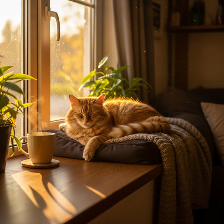Two red cats lying on the windowsill and sunbathing.の素材