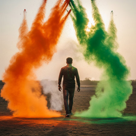 Young man running with colored holi powder in the air. Holi color festivalの素材
