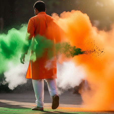 Indian man playing holi with colorful powder in the street.の素材