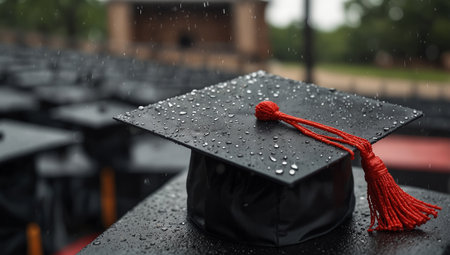 Graduation cap with water drops on the background of the building.の素材