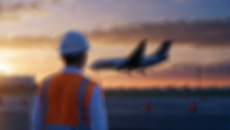 Blurred image of airplane and pilot in the airport at sunset.の素材