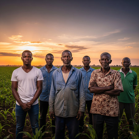 Group of Indian farmer standing in corn field at sunset time.の素材