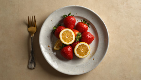 Plate with fresh strawberries and lemon slices on table, top viewの素材