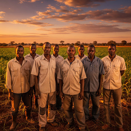 Group of Indian farmers standing in field at sunset, India.の素材