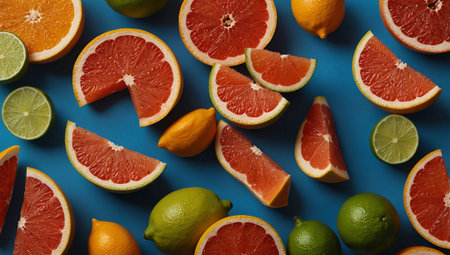 Variety of citrus fruit including lemons, lines, grapefruits and oranges.の素材
