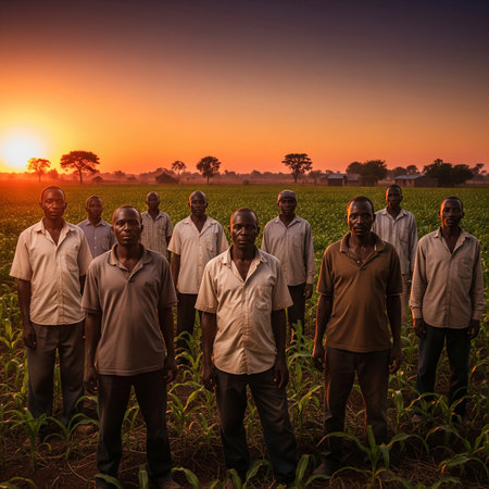 Group of farmers standing in a corn field at sunset, South Africaの素材