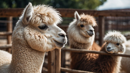 Portrait of two alpaca in a cage at the zooの素材