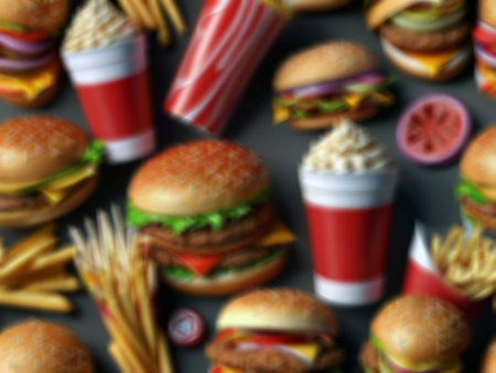 Blurred background of hamburgers, French fries and colaの素材