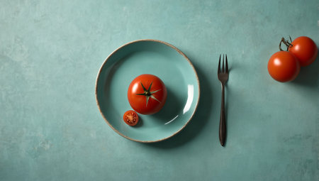 Tomatoes on plate and fork on turquoise background, top viewの素材