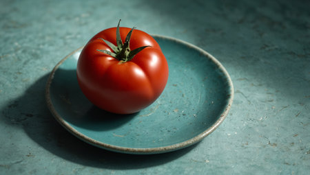 Ripe red tomato on a blue plate, close-up.の素材