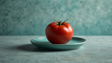 Tomato on a blue plate on a marble table. 3d renderingの素材