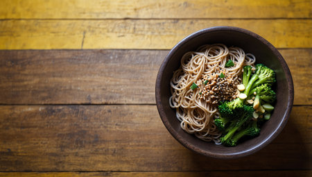 Bowl of buckwheat noodles with broccoli and sesame seedsの素材