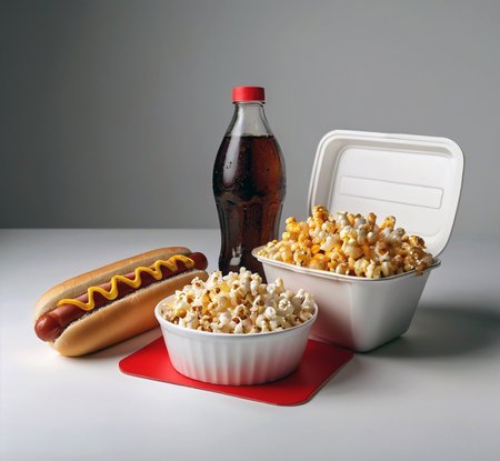 Hot dog, cola and popcorn in white bowls on gray backgroundの素材