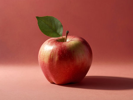 Red apple with leaf on a pink background. Healthy food concept.の素材