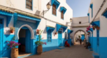 Abstract blurred background of the blue city of Chefchaouen, Moroccoの素材