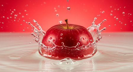 Red apple falling into water with splash on red background, close upの素材