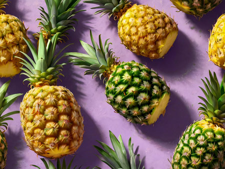 Seamless pattern of ripe pineapple on a purple background. Flat lay, top viewの素材