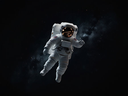 Astronaut in outer space against dark background. Mixed media.の素材
