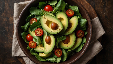 Avocado salad with cherry tomatoes, spinach and arugula on wooden background. Top viewの素材