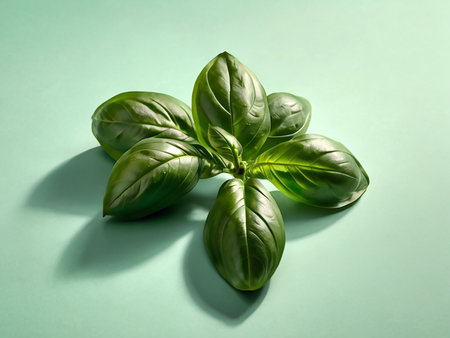 Fresh green basil leaves on green background. Minimalistic style.の素材