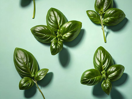 Fresh green basil leaves on color background. Top view, flat layの素材