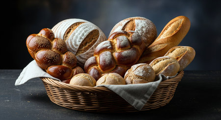 Basket with bread on a dark background. Bakery products.の素材