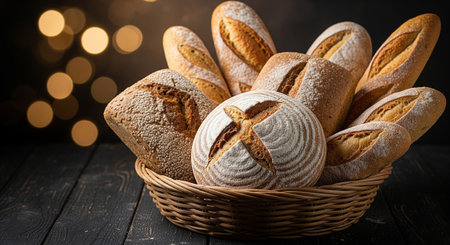 Basket of bread on dark wooden background with bokeh lightsの素材