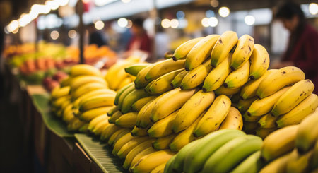 Bunch of bananas on the counter of a fruit market. Blurred backgroundの素材