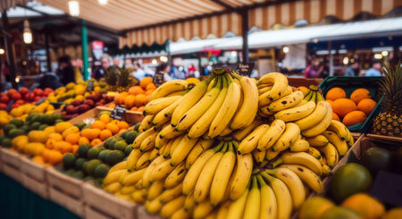 A lot of bananas on the counter of a market in Barcelona, Spainの素材
