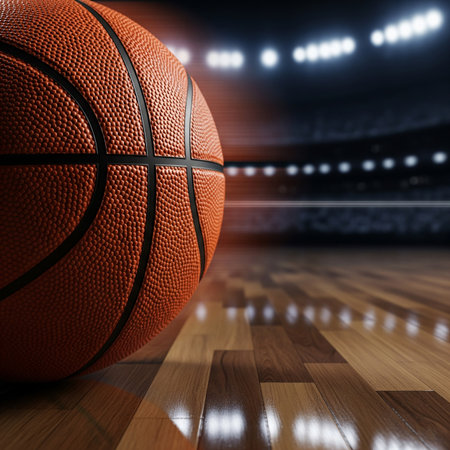 Basketball ball in front of a sports arena. 3d renderingの素材