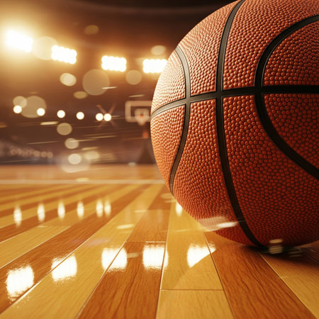 Basketball ball on the floor in a sports arena. 3d renderingの素材