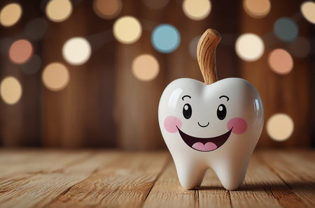 Tooth with smiley face on wooden table with bokeh backgroundの素材