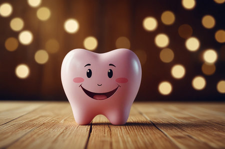 pink tooth smiling on wooden table with bokeh light backgroundの素材
