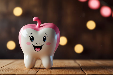 Cute tooth character on wooden table with bokeh light backgroundの素材
