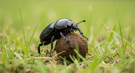 Black Stag beetle (Lucanus cervus) on the grassの素材