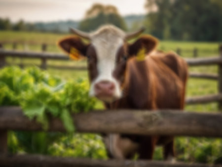 Blurred background of cow looking out of the fence in a fieldの素材
