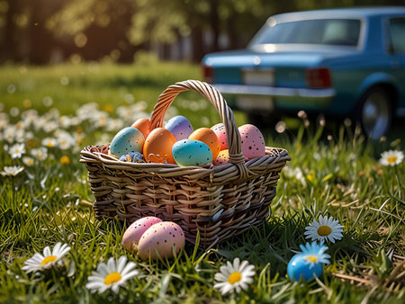 Basket with colorful easter eggs on green grass in sunny dayの素材