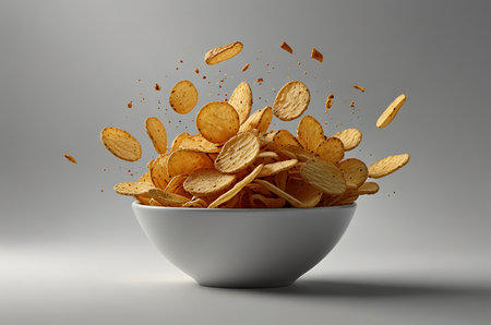 Potato chips in a bowl on gray background. 3d renderingの素材