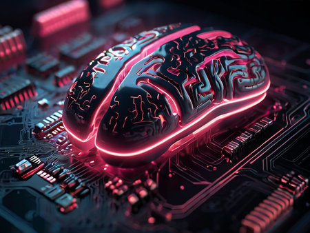 3d illustration of human brain and circuit board, close up viewの素材