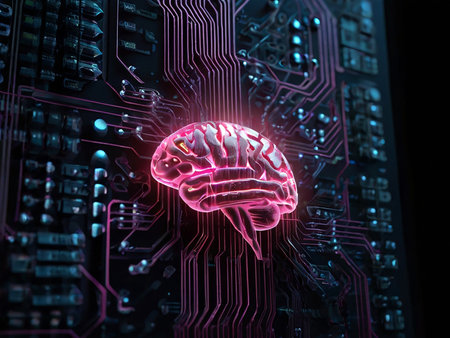 Digital illustration of human brain in front of a circuit board. 3D renderingの素材