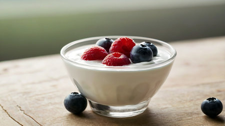 Yogurt with fresh berries in a glass bowl on wooden tableの素材