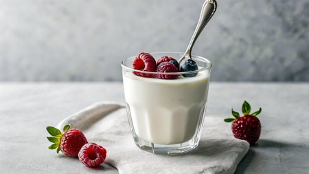 Yogurt with fresh raspberries and blueberries in a glass on a light backgroundの素材