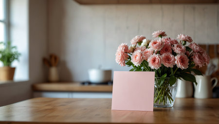 Bouquet of pink carnation flowers in a vase on a wooden table in the kitchenの素材
