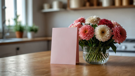 Blank card and bouquet of flowers on table in modern kitchenの素材