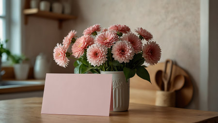 Beautiful bouquet of pink chrysanthemums in vase on table in kitchenの素材