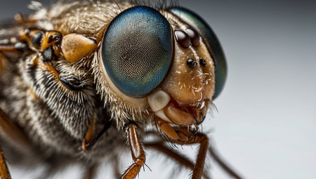 Extreme close up of a fly on white background. Macro photography.の素材